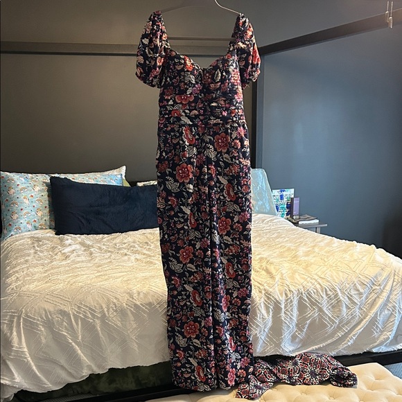 Band Of The Free Pants - Floral Smocked Jumpsuit with Puff Sleeves - Navy Base with Red & Cream Flowers